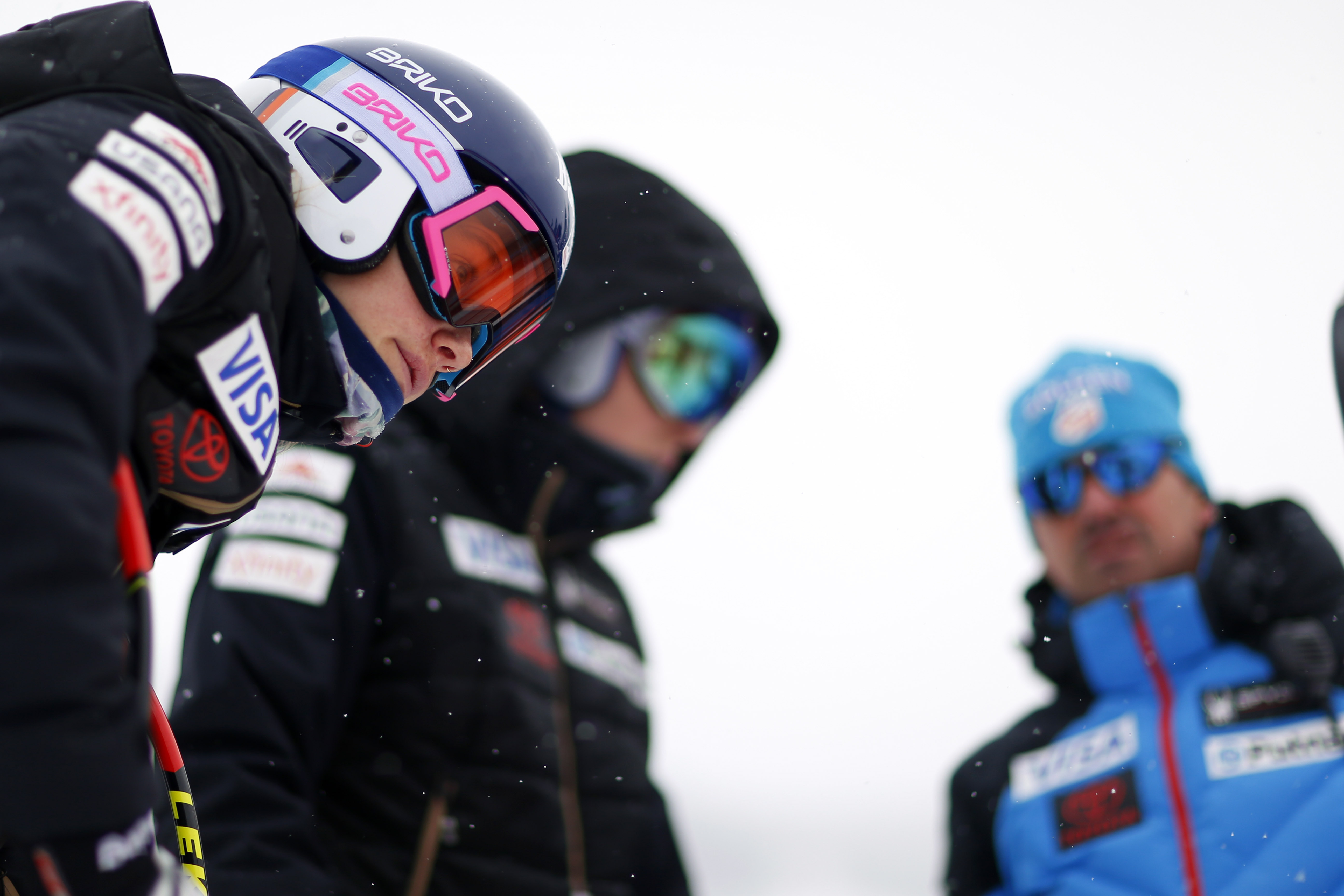 Laurenne Ross inspects the 2018 World Cup downhill course at Lake Louise. //Image credit: Agence Zoom